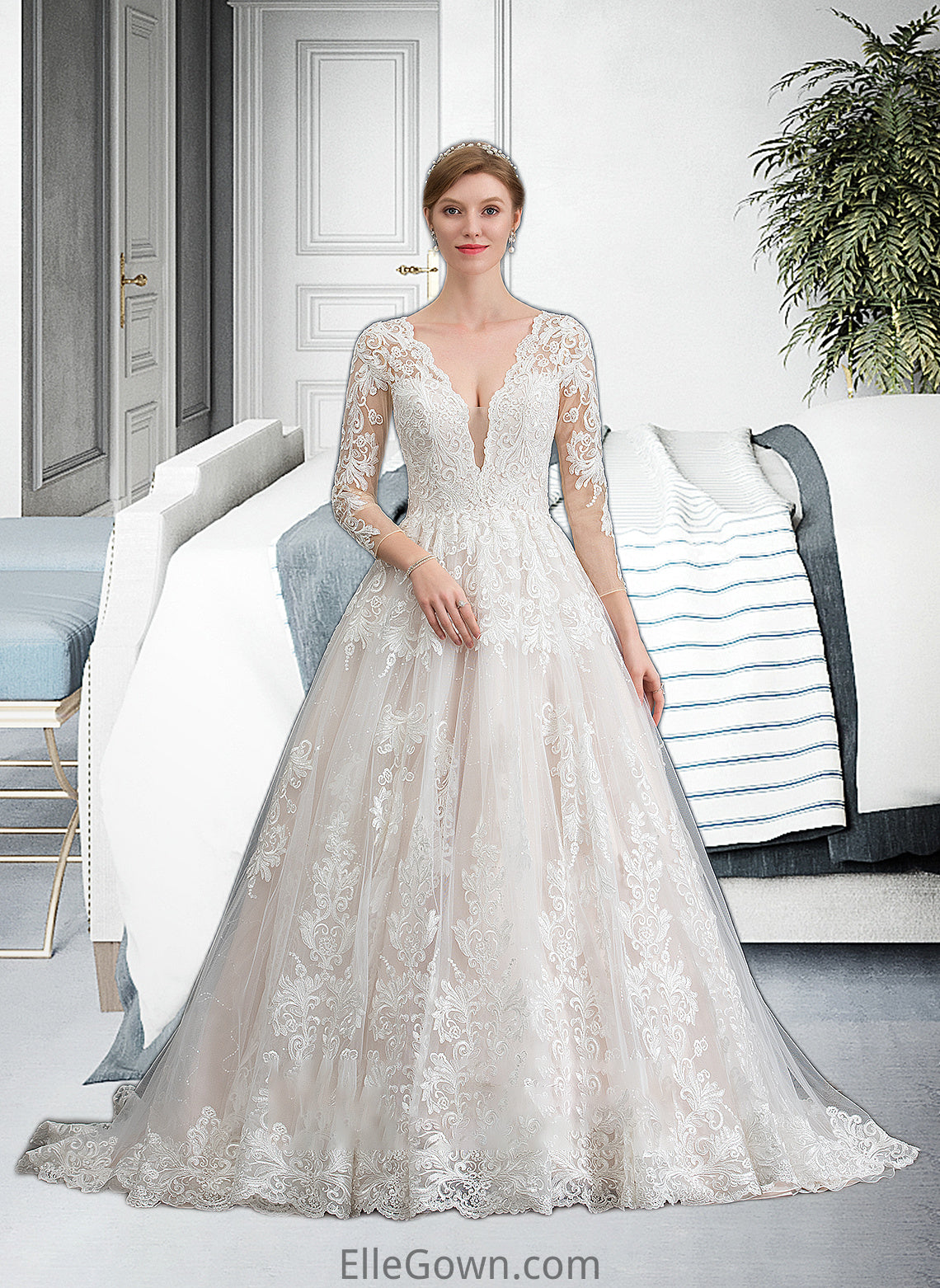 Annika Ball-Gown/Princess V-neck Chapel Train Tulle Wedding Dress DEP0013735