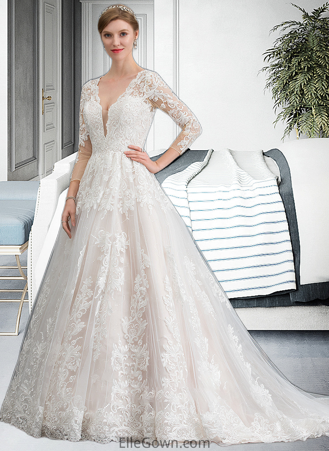 Annika Ball-Gown/Princess V-neck Chapel Train Tulle Wedding Dress DEP0013735