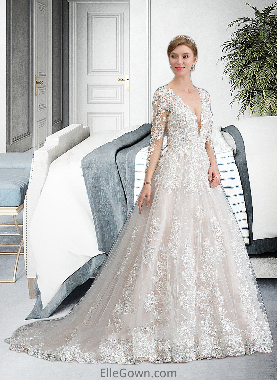 Annika Ball-Gown/Princess V-neck Chapel Train Tulle Wedding Dress DEP0013735