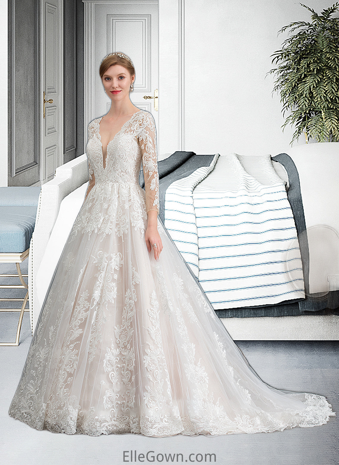 Annika Ball-Gown/Princess V-neck Chapel Train Tulle Wedding Dress DEP0013735