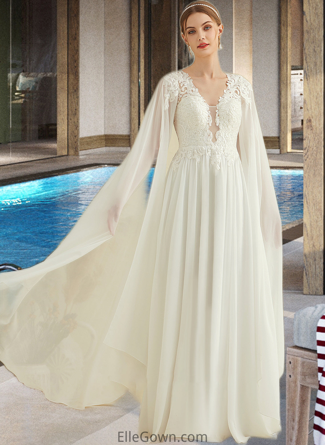 Felicity A-Line V-neck Floor-Length Chiffon Lace Wedding Dress With Sequins DEP0013736