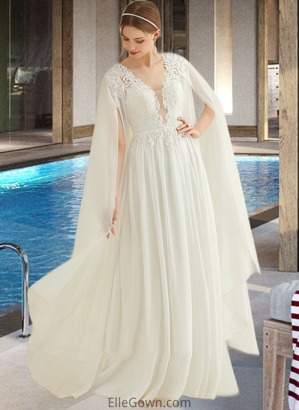 Felicity A-Line V-neck Floor-Length Chiffon Lace Wedding Dress With Sequins DEP0013736