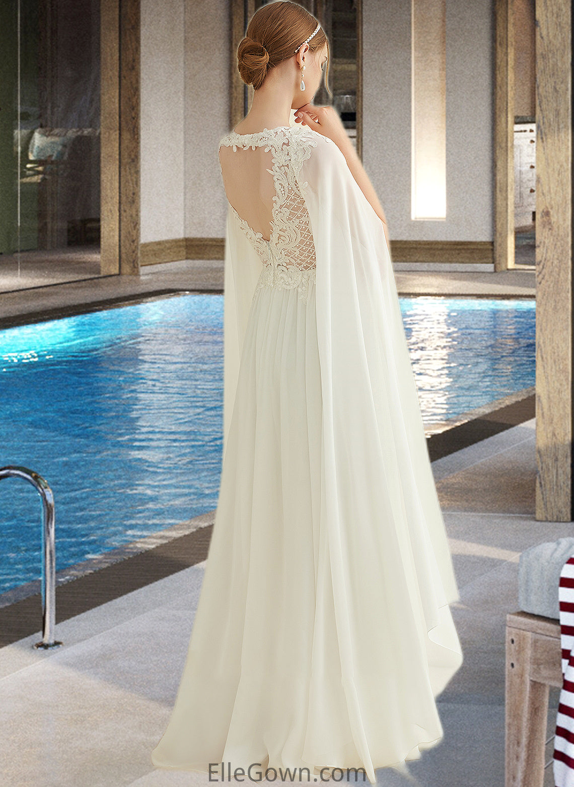 Felicity A-Line V-neck Floor-Length Chiffon Lace Wedding Dress With Sequins DEP0013736