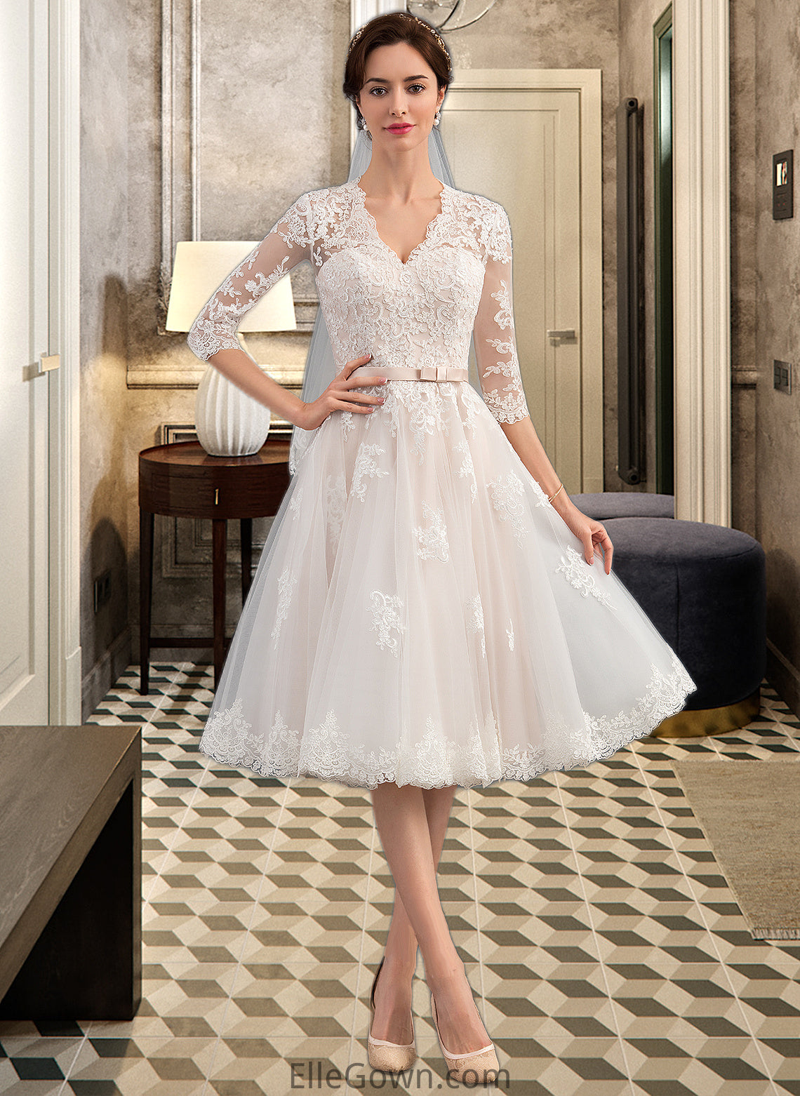 Jessica A-Line V-neck Knee-Length Tulle Wedding Dress With Bow(s) DEP0013737