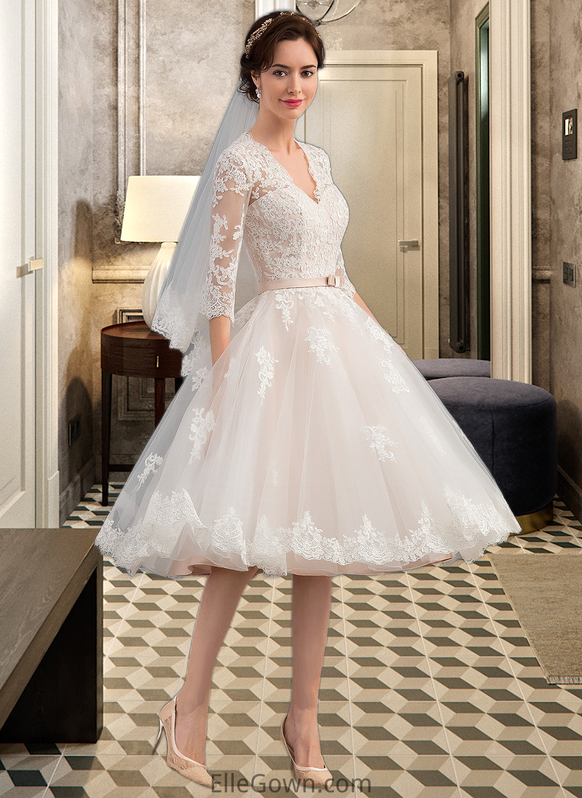 Jessica A-Line V-neck Knee-Length Tulle Wedding Dress With Bow(s) DEP0013737