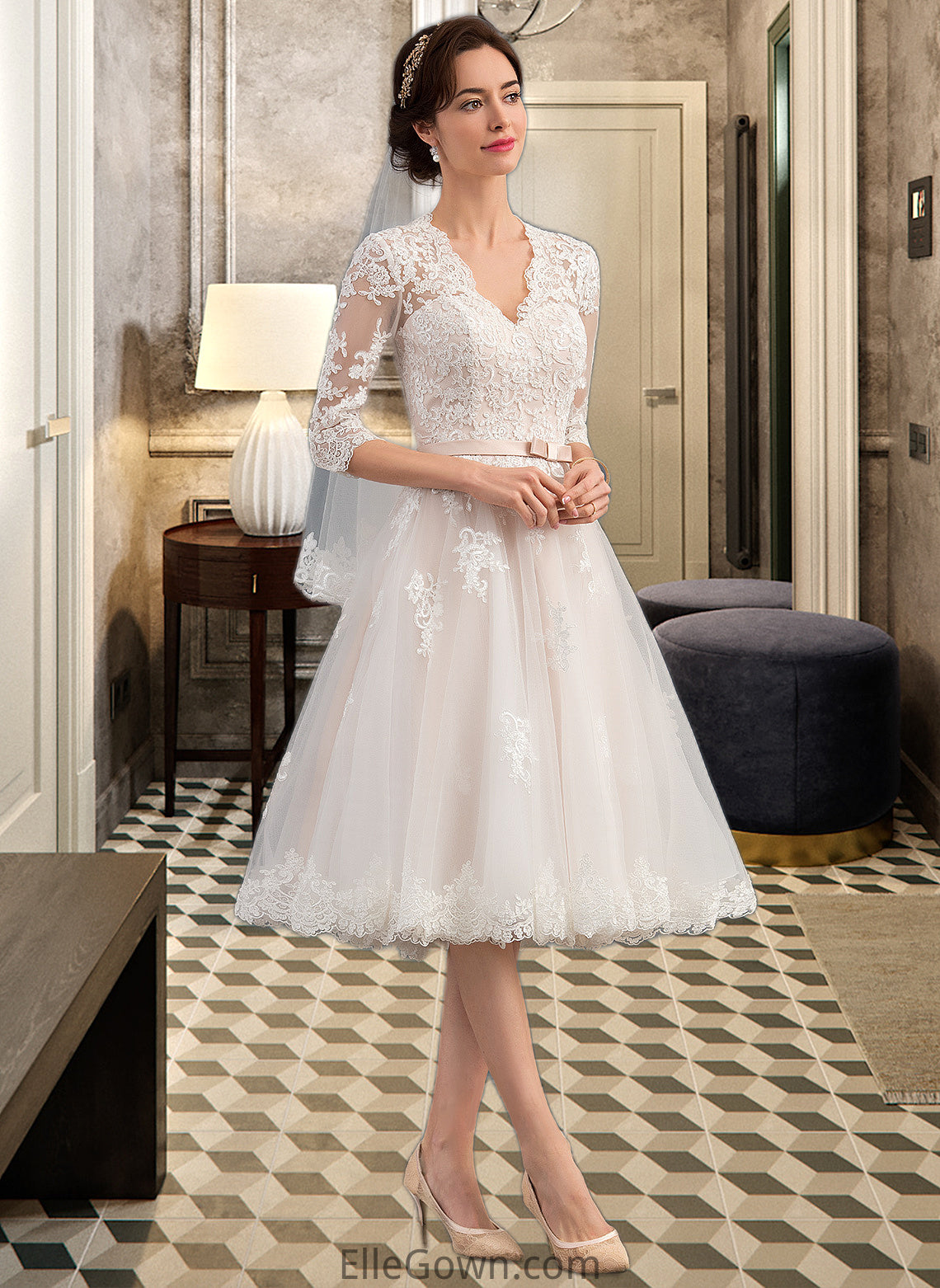 Jessica A-Line V-neck Knee-Length Tulle Wedding Dress With Bow(s) DEP0013737