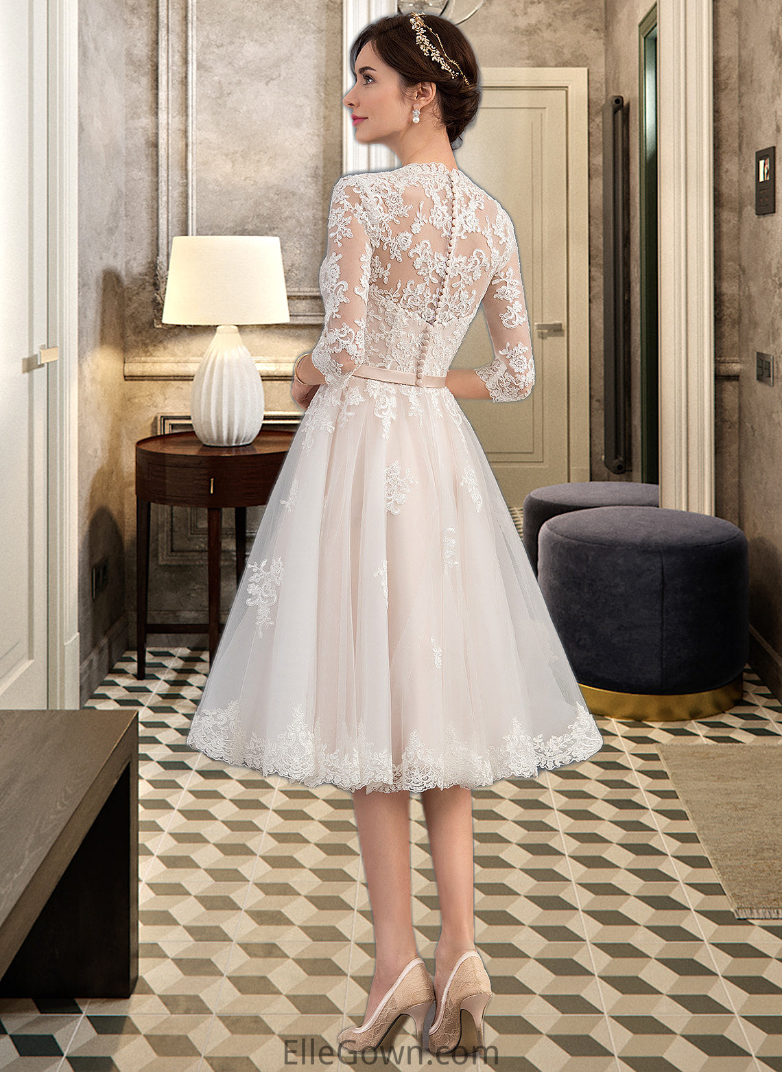 Jessica A-Line V-neck Knee-Length Tulle Wedding Dress With Bow(s) DEP0013737