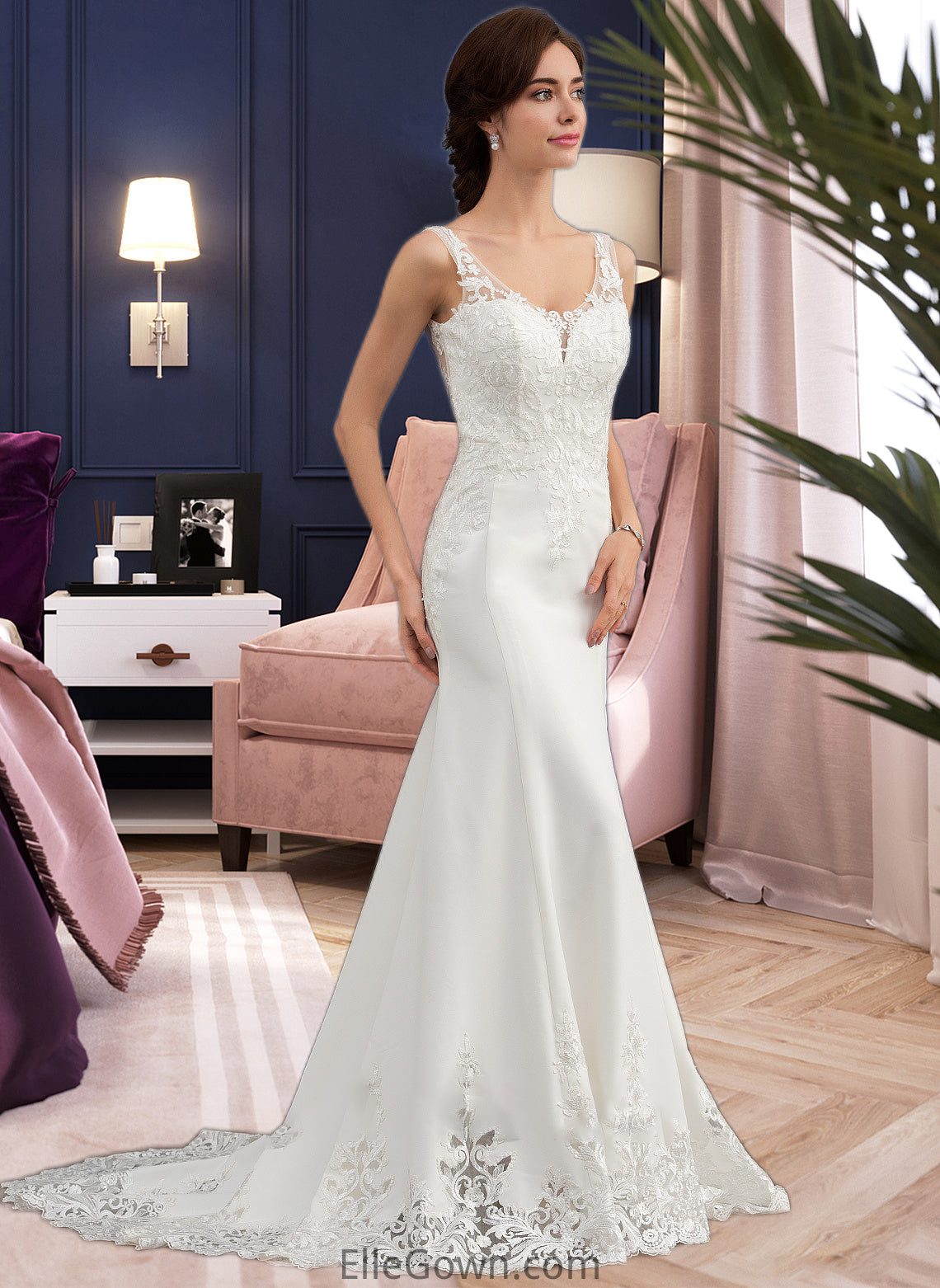 Melanie Trumpet/Mermaid V-neck Court Train Lace Stretch Crepe Wedding Dress With Sequins DEP0013738