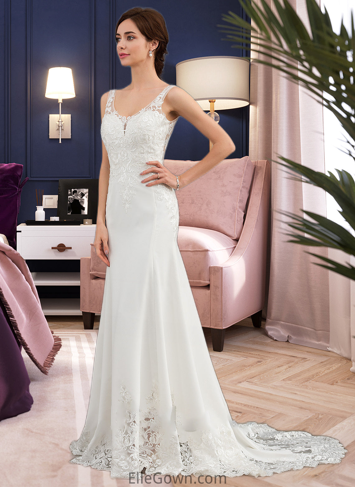 Melanie Trumpet/Mermaid V-neck Court Train Lace Stretch Crepe Wedding Dress With Sequins DEP0013738