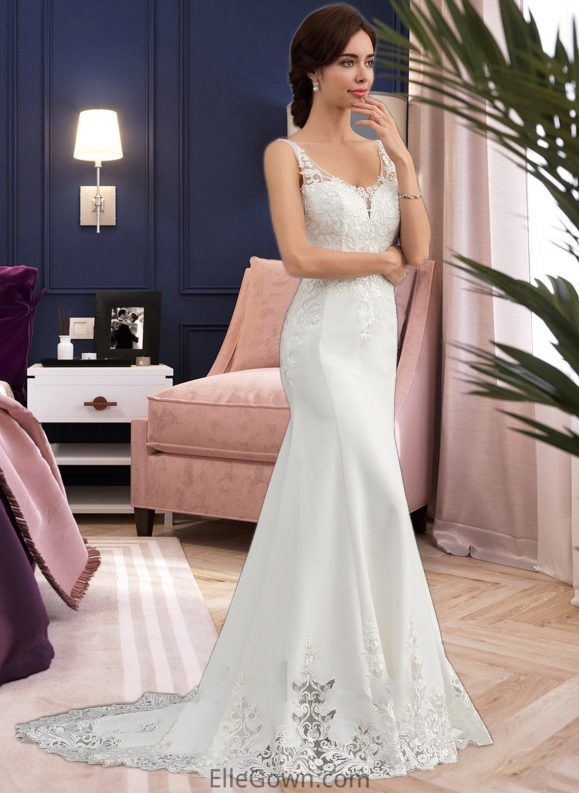 Melanie Trumpet/Mermaid V-neck Court Train Lace Stretch Crepe Wedding Dress With Sequins DEP0013738