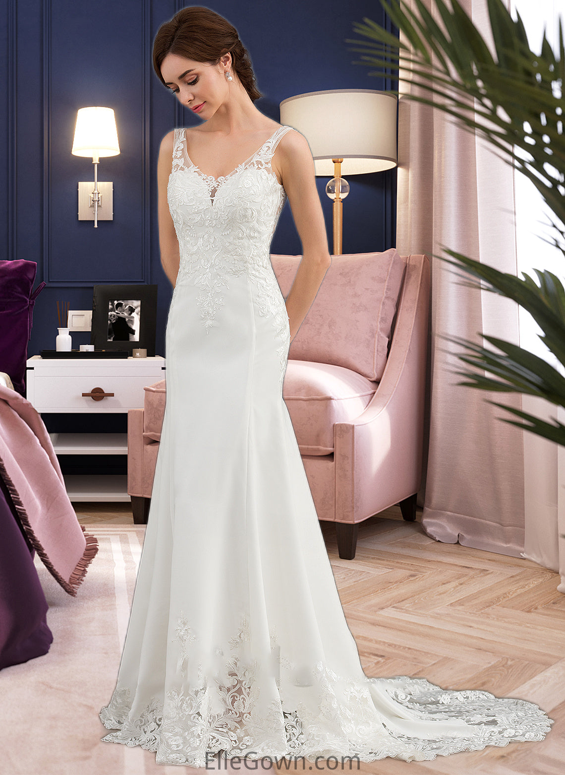 Melanie Trumpet/Mermaid V-neck Court Train Lace Stretch Crepe Wedding Dress With Sequins DEP0013738