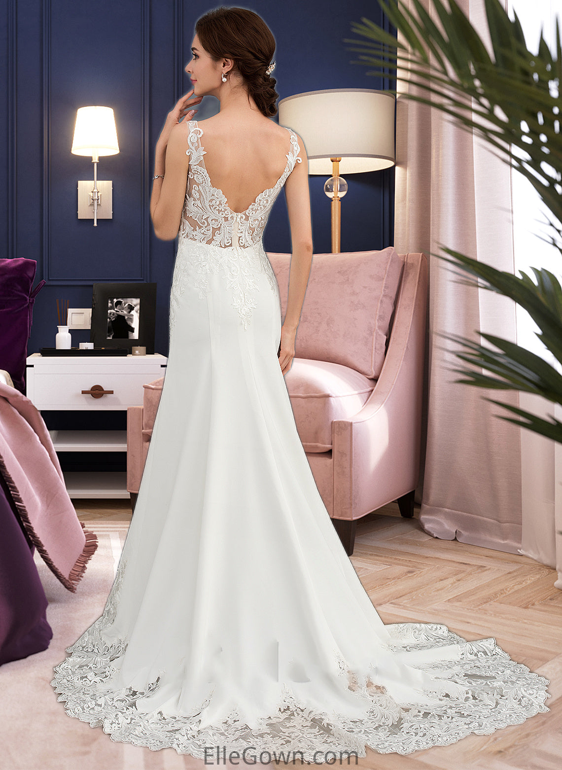 Melanie Trumpet/Mermaid V-neck Court Train Lace Stretch Crepe Wedding Dress With Sequins DEP0013738