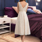 Katrina A-Line V-neck Knee-Length Lace Wedding Dress With Bow(s) DEP0013739