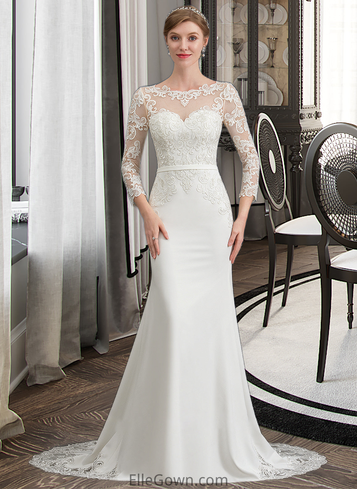 Destiney Trumpet/Mermaid Illusion Chapel Train Stretch Crepe Wedding Dress With Lace DEP0013740