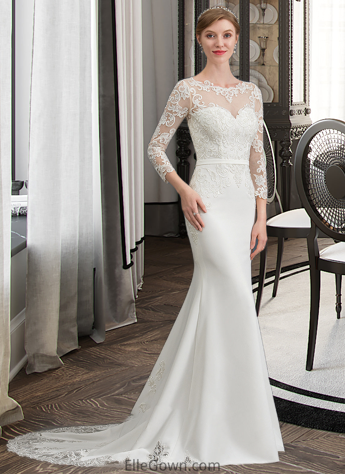 Destiney Trumpet/Mermaid Illusion Chapel Train Stretch Crepe Wedding Dress With Lace DEP0013740