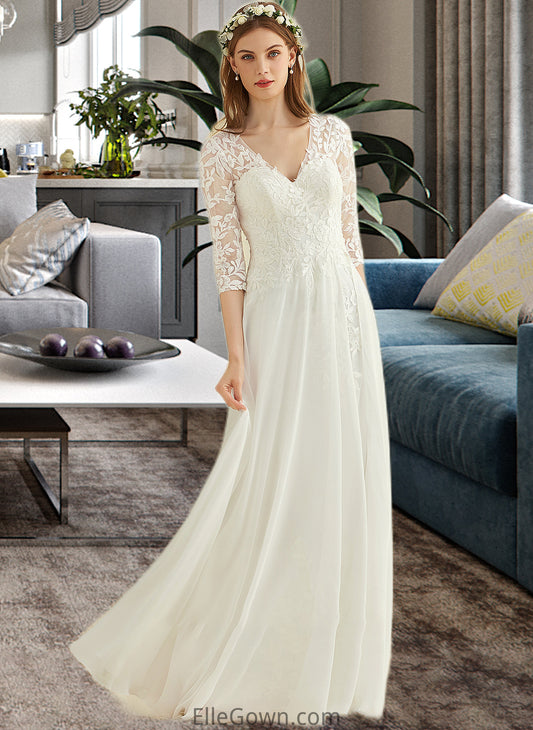 Camryn A-Line V-neck Floor-Length Chiffon Lace Wedding Dress DEP0013745