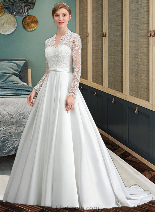 Kadence Ball-Gown/Princess V-neck Court Train Satin Wedding Dress With Bow(s) DEP0013746