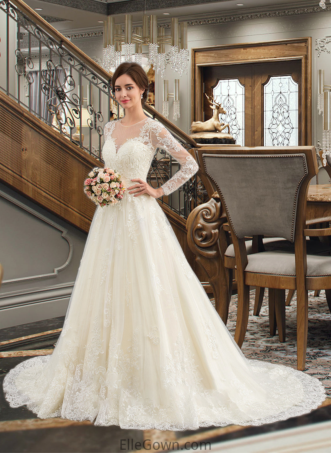 Eleanor Ball-Gown/Princess Illusion Court Train Tulle Lace Wedding Dress DEP0013750