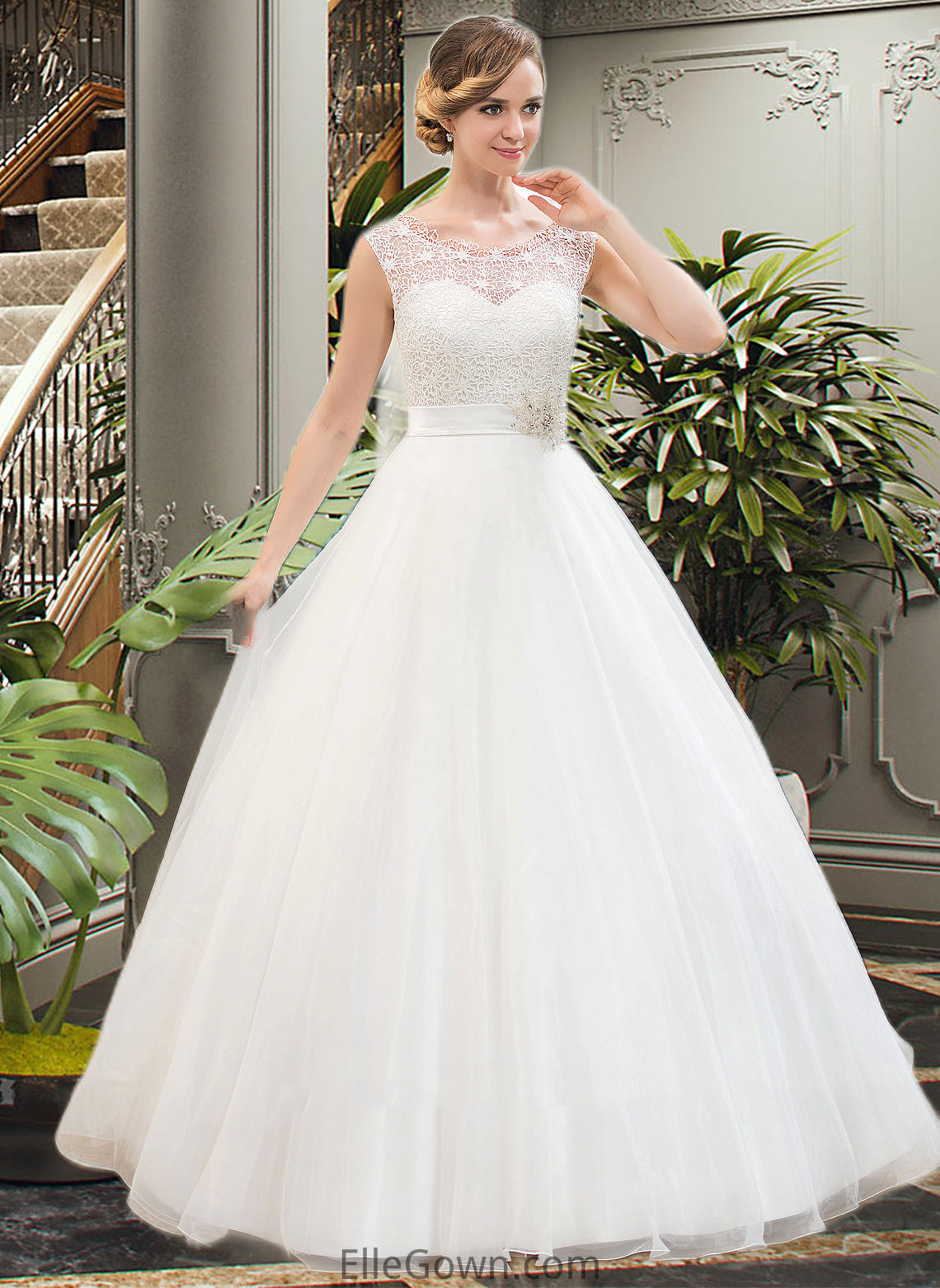 Arianna Ball-Gown/Princess Scoop Neck Sweep Train Organza Lace Wedding Dress With Beading Sequins DEP0013751