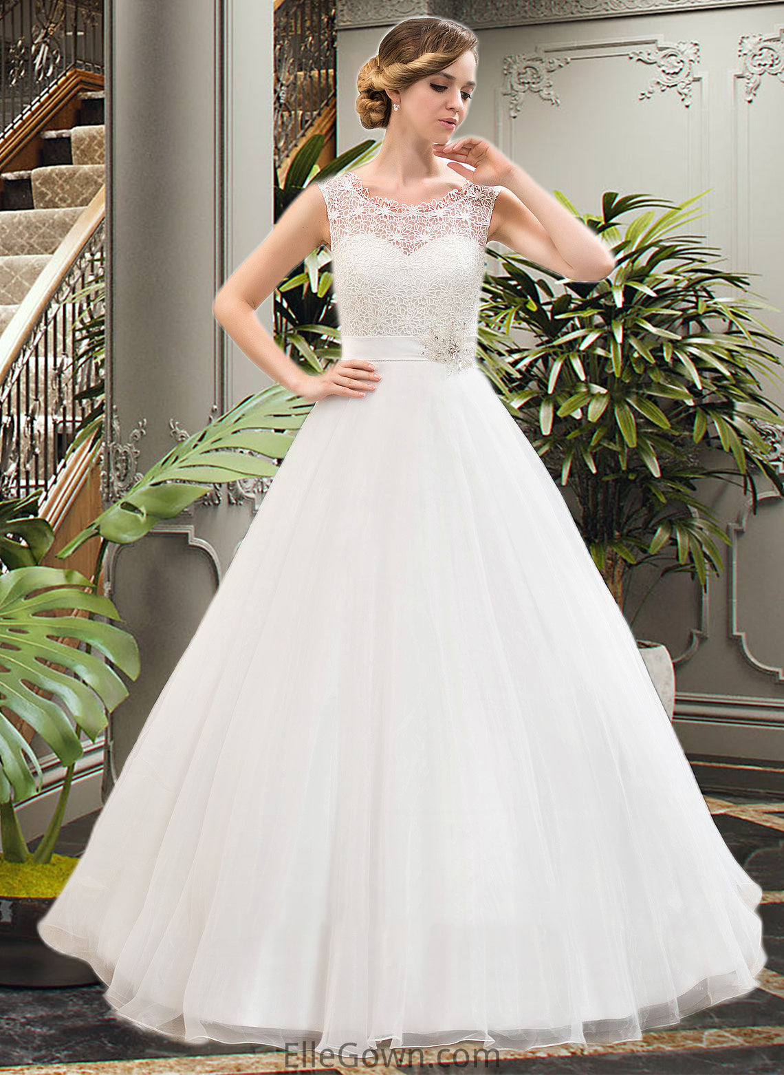 Arianna Ball-Gown/Princess Scoop Neck Sweep Train Organza Lace Wedding Dress With Beading Sequins DEP0013751