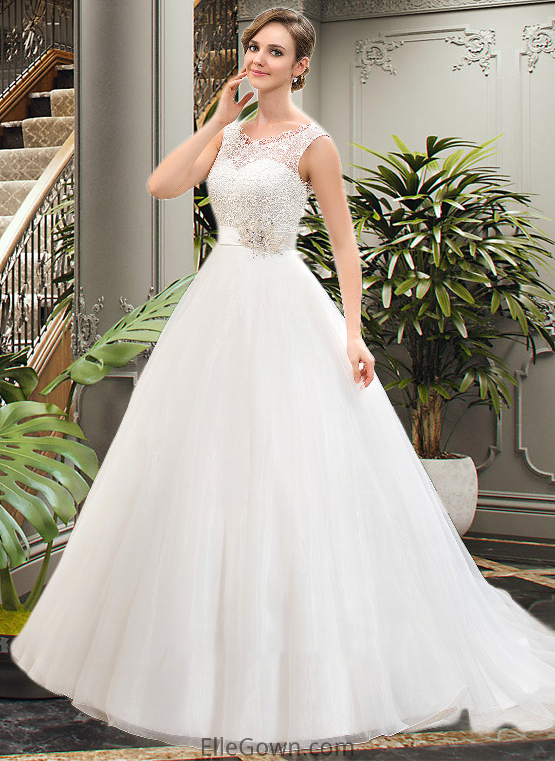 Arianna Ball-Gown/Princess Scoop Neck Sweep Train Organza Lace Wedding Dress With Beading Sequins DEP0013751