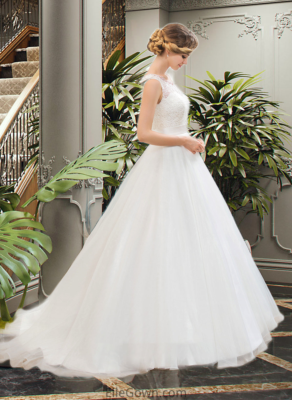 Arianna Ball-Gown/Princess Scoop Neck Sweep Train Organza Lace Wedding Dress With Beading Sequins DEP0013751