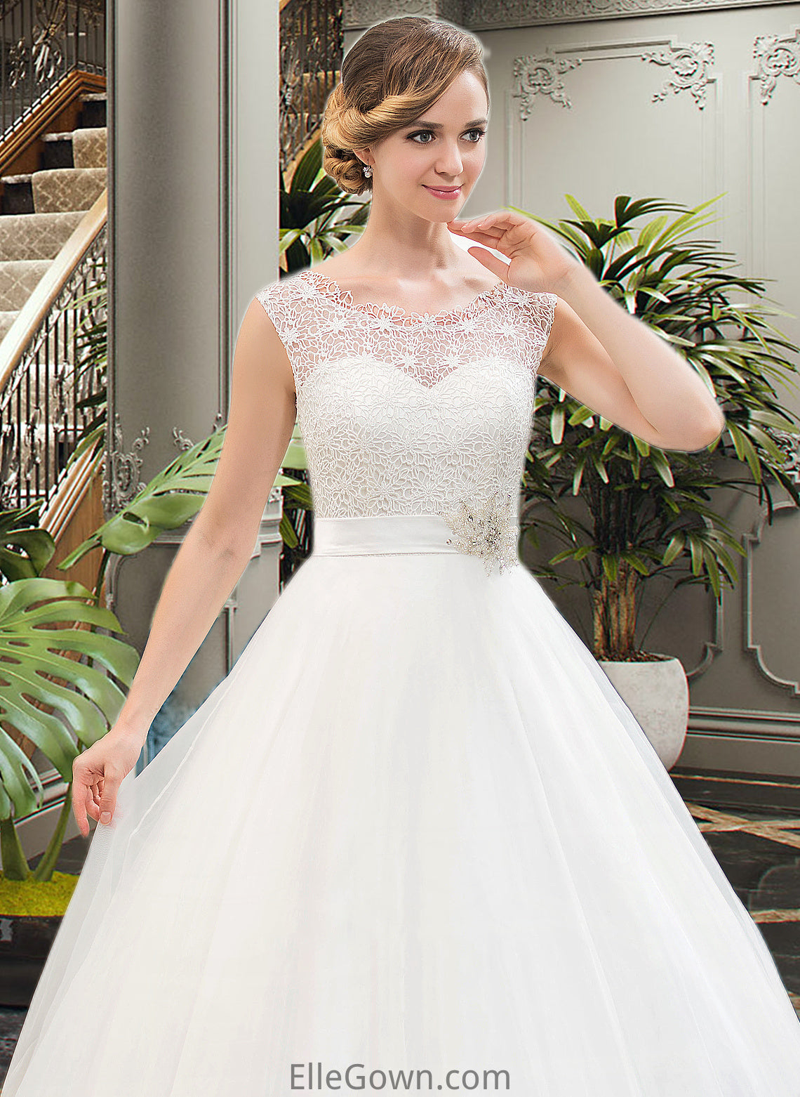 Arianna Ball-Gown/Princess Scoop Neck Sweep Train Organza Lace Wedding Dress With Beading Sequins DEP0013751