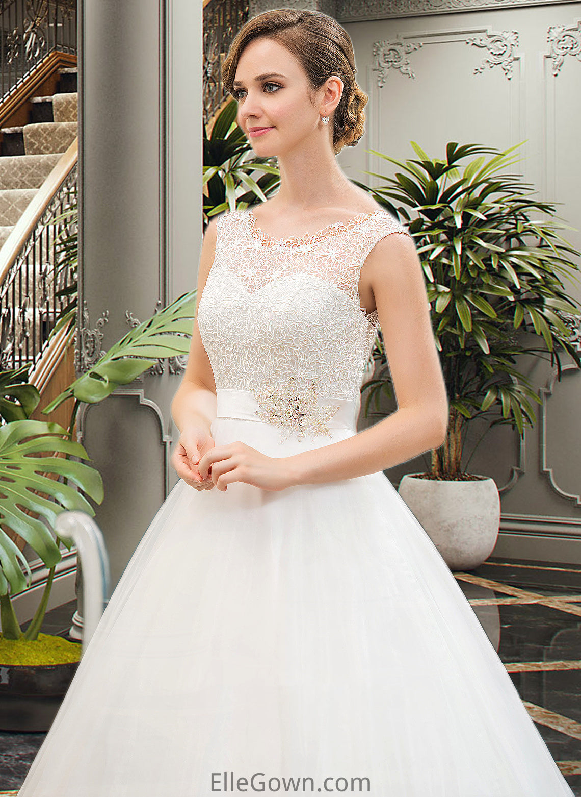 Arianna Ball-Gown/Princess Scoop Neck Sweep Train Organza Lace Wedding Dress With Beading Sequins DEP0013751