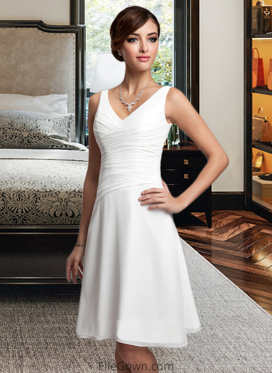 Mattie A-Line V-neck Knee-Length Chiffon Wedding Dress With Ruffle Beading Sequins DEP0013752