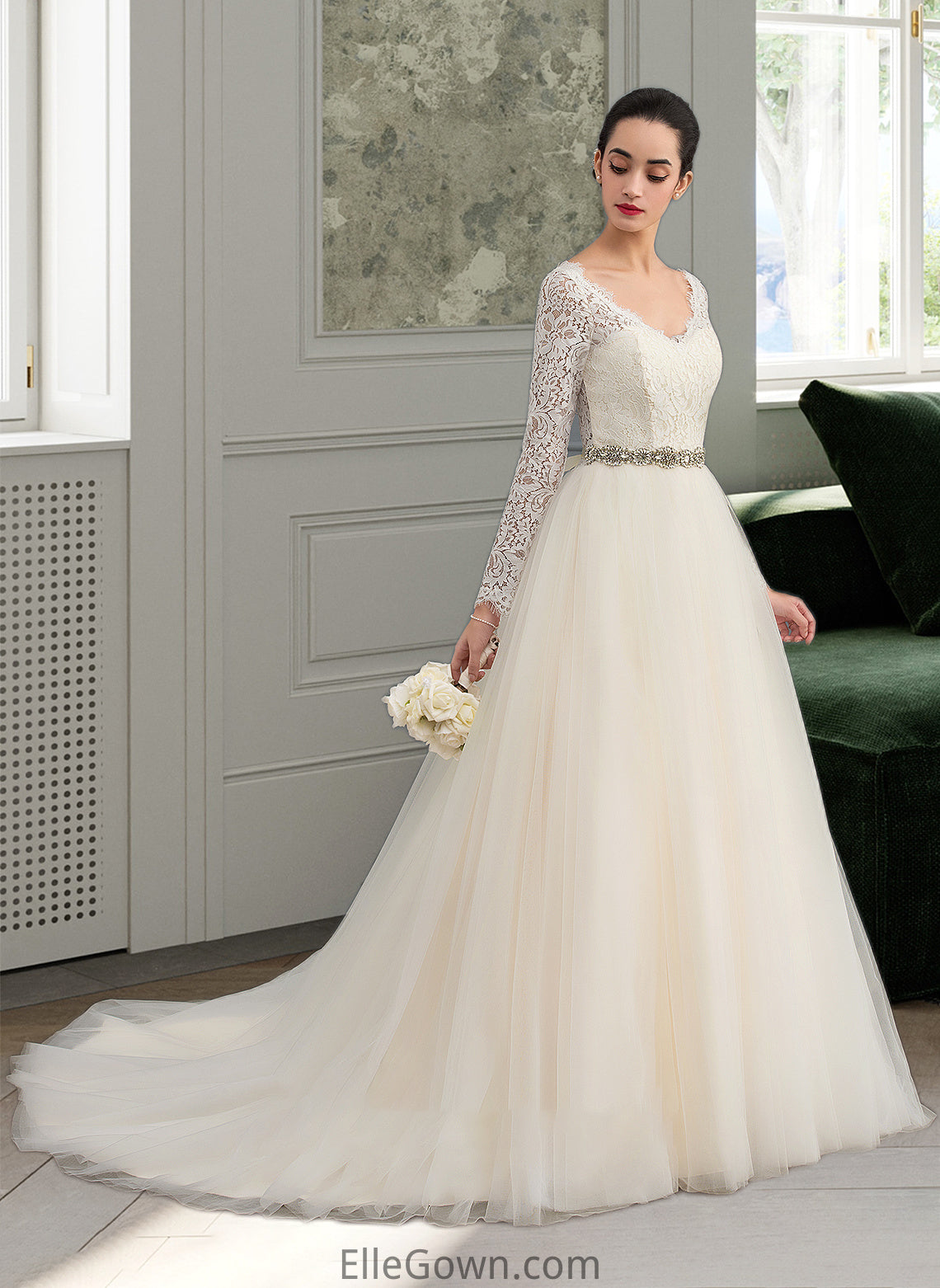 Gia Ball-Gown/Princess V-neck Court Train Tulle Lace Wedding Dress DEP0013756