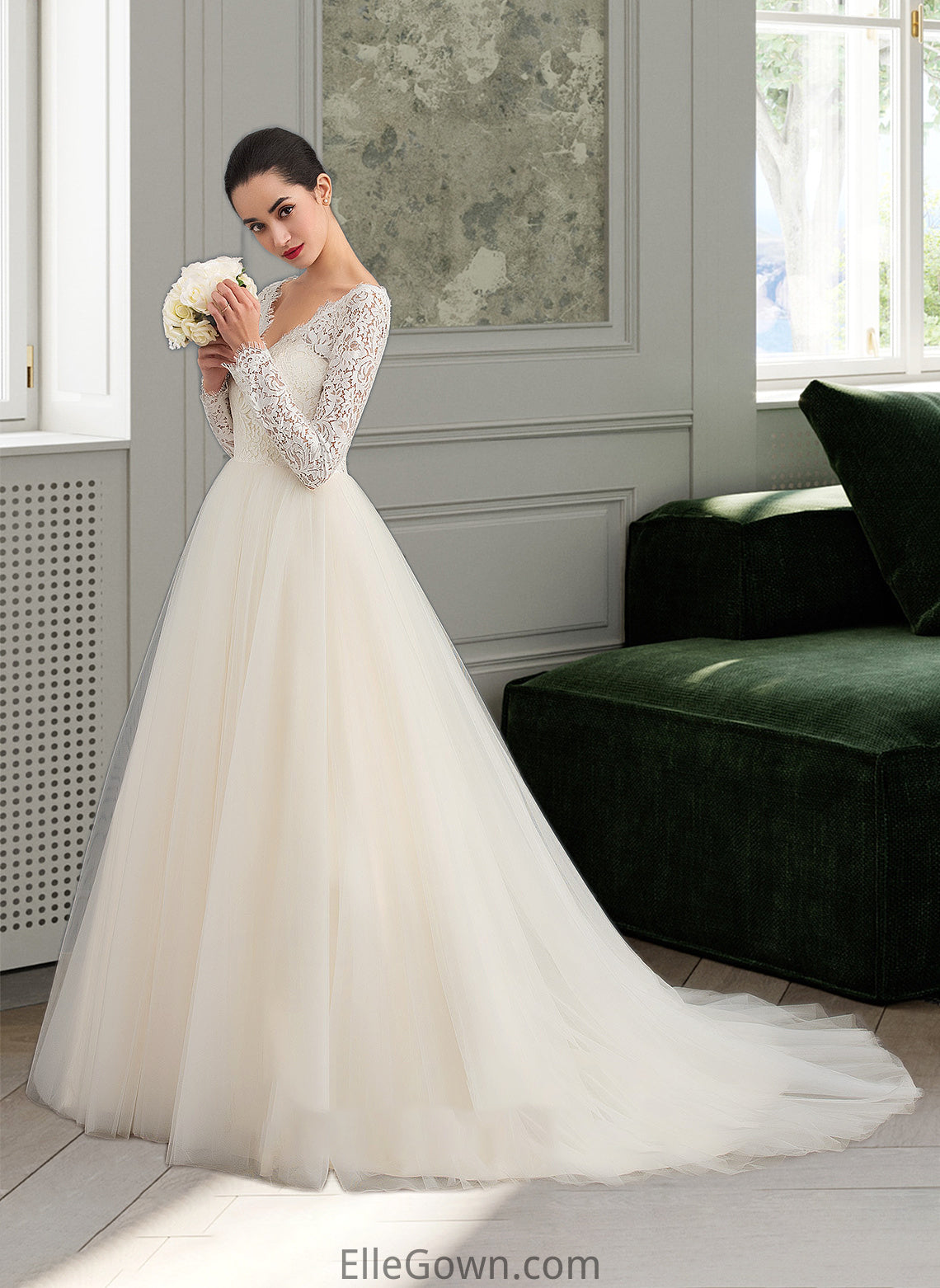 Gia Ball-Gown/Princess V-neck Court Train Tulle Lace Wedding Dress DEP0013756