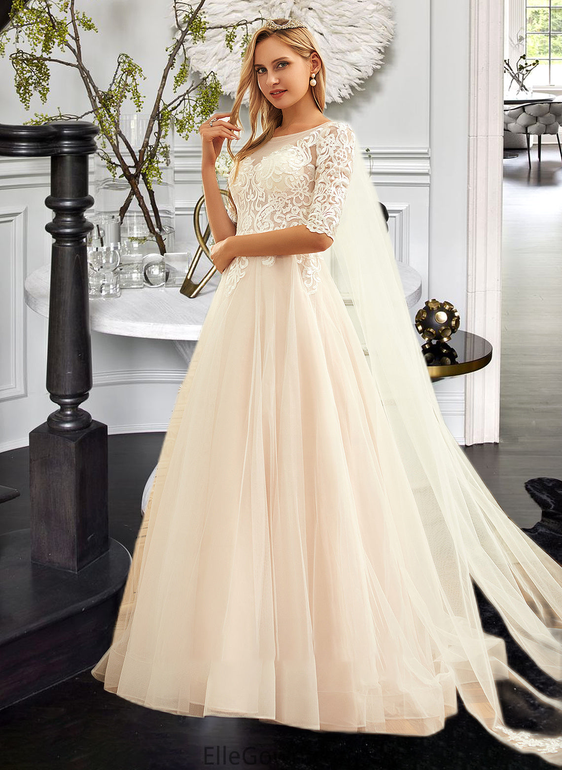 Millie Ball-Gown/Princess Scoop Neck Sweep Train Tulle Lace Wedding Dress DEP0013760