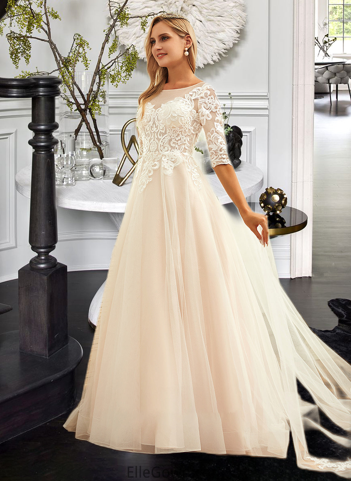 Millie Ball-Gown/Princess Scoop Neck Sweep Train Tulle Lace Wedding Dress DEP0013760