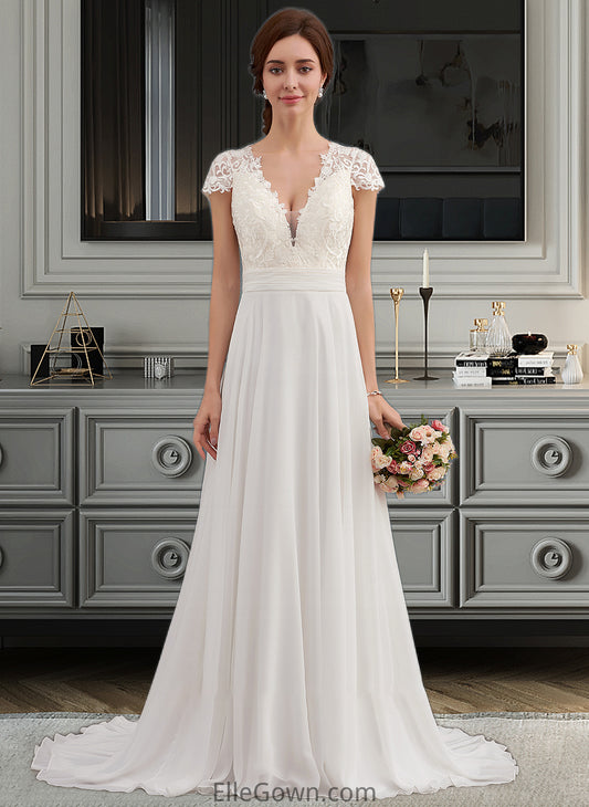 Lily A-Line V-neck Sweep Train Chiffon Wedding Dress With Ruffle DEP0013761