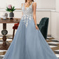 Tracy Ball-Gown/Princess V-neck Floor-Length Tulle Wedding Dress With Lace DEP0013763