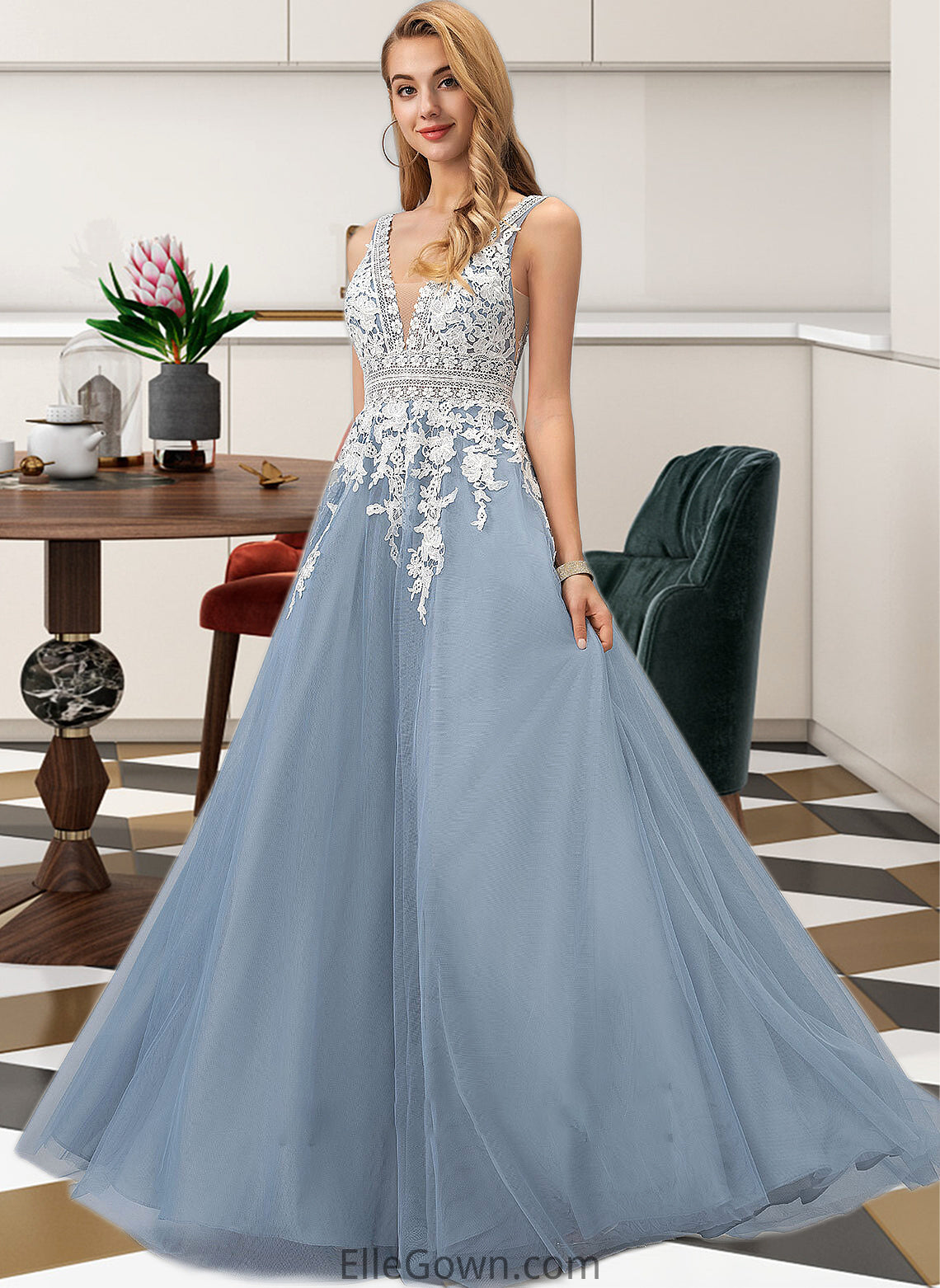 Tracy Ball-Gown/Princess V-neck Floor-Length Tulle Wedding Dress With Lace DEP0013763