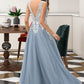 Tracy Ball-Gown/Princess V-neck Floor-Length Tulle Wedding Dress With Lace DEP0013763