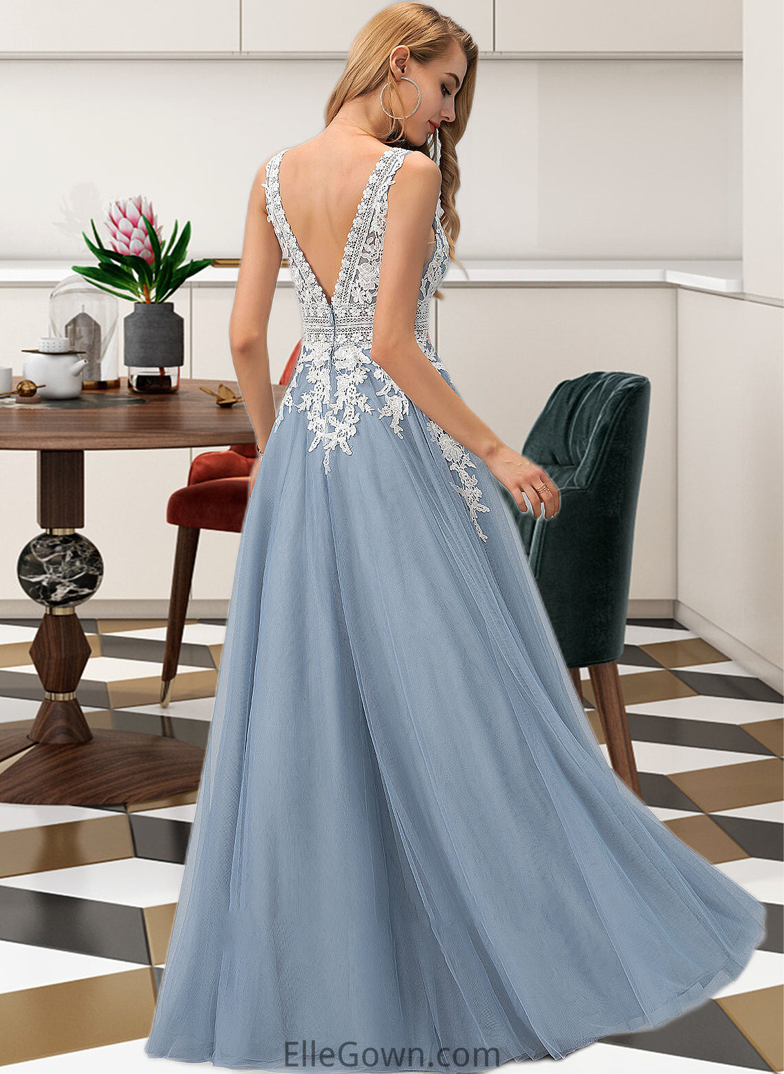 Tracy Ball-Gown/Princess V-neck Floor-Length Tulle Wedding Dress With Lace DEP0013763