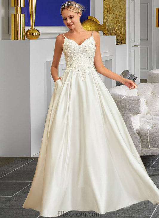 Shayla Ball-Gown/Princess V-neck Sweep Train Satin Lace Wedding Dress With Lace Beading Sequins Pockets DEP0013771