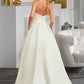 Shayla Ball-Gown/Princess V-neck Sweep Train Satin Lace Wedding Dress With Lace Beading Sequins Pockets DEP0013771