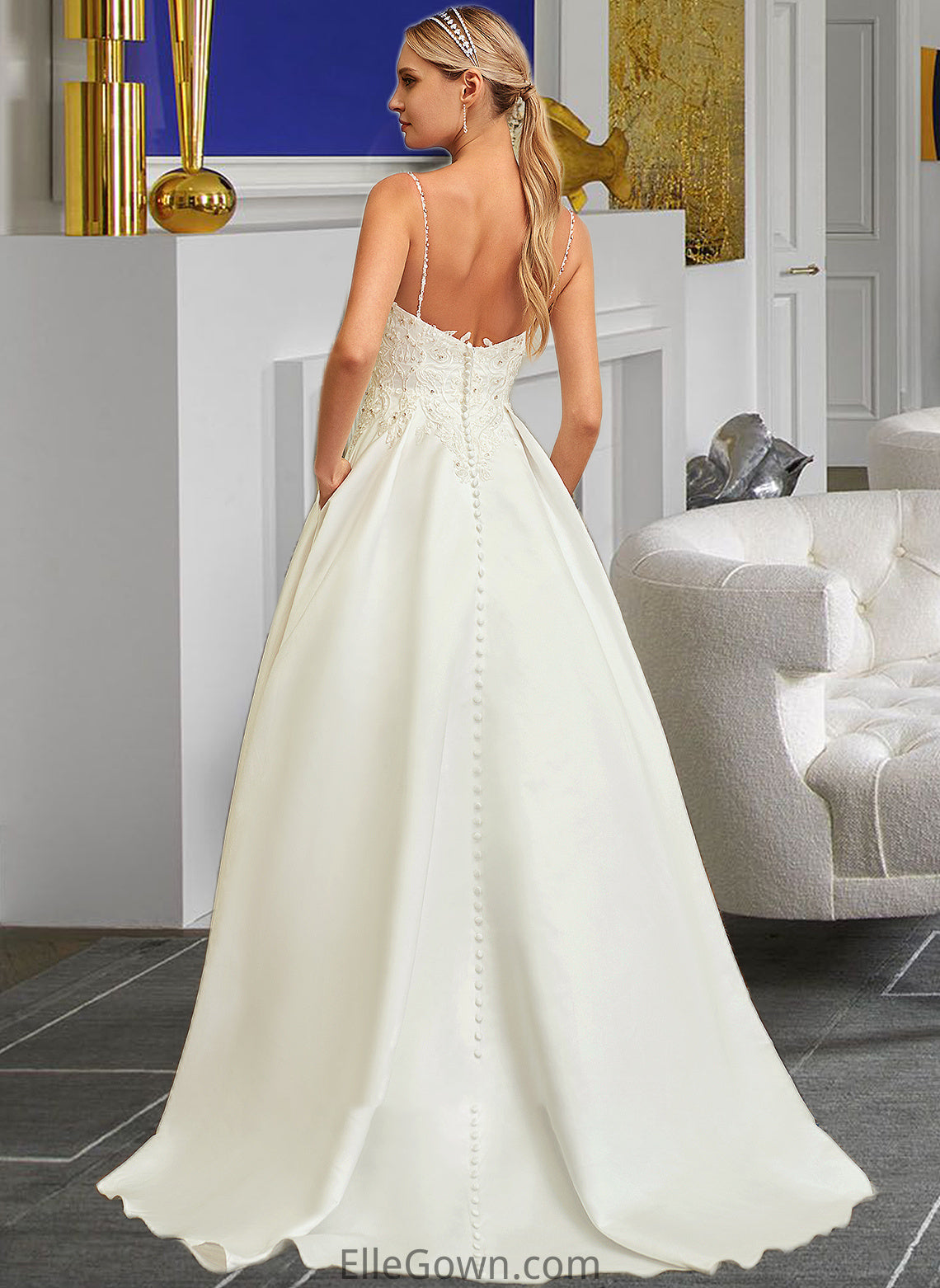 Shayla Ball-Gown/Princess V-neck Sweep Train Satin Lace Wedding Dress With Lace Beading Sequins Pockets DEP0013771