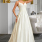 Shayla Ball-Gown/Princess V-neck Sweep Train Satin Lace Wedding Dress With Lace Beading Sequins Pockets DEP0013771