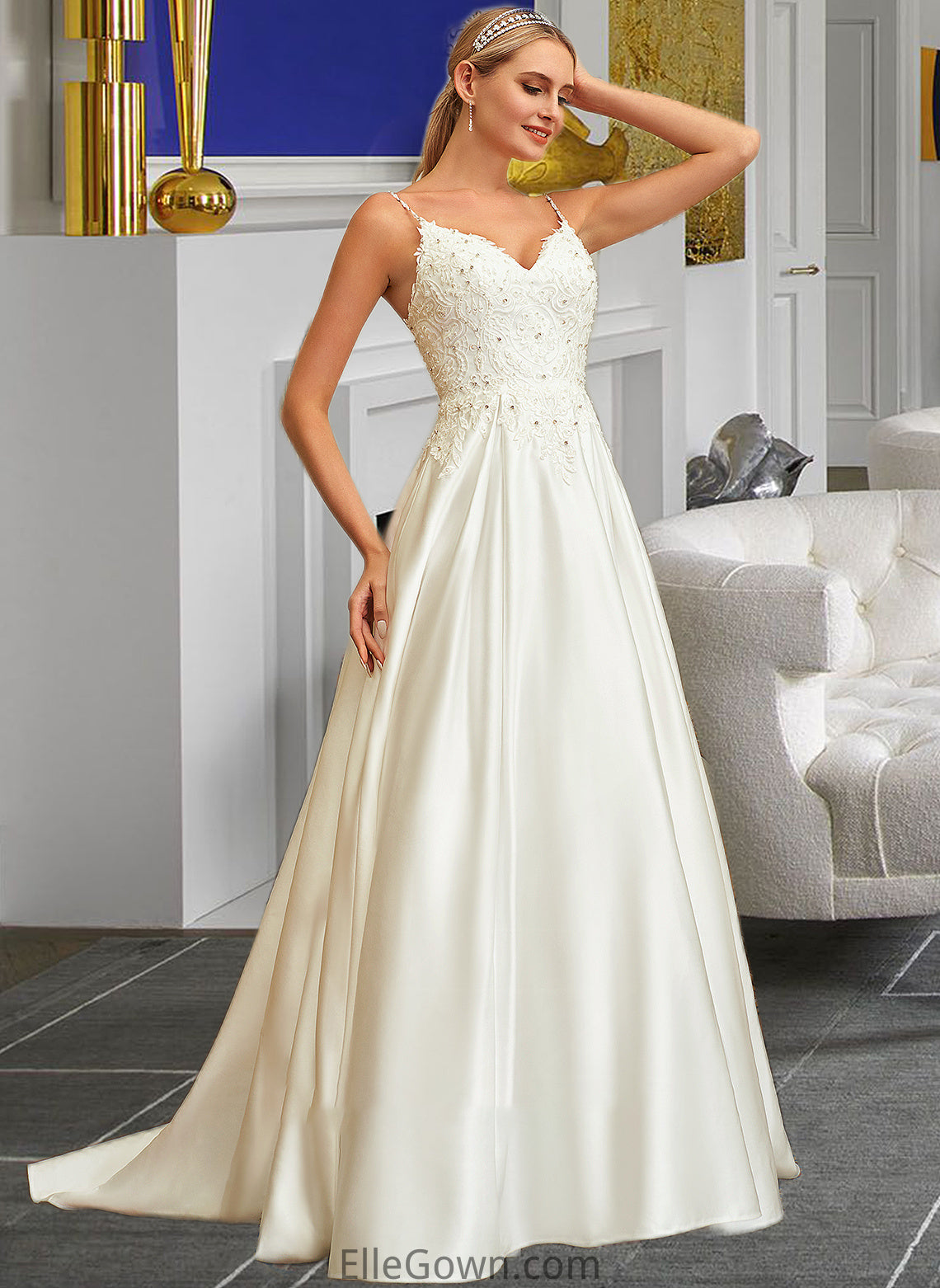 Shayla Ball-Gown/Princess V-neck Sweep Train Satin Lace Wedding Dress With Lace Beading Sequins Pockets DEP0013771