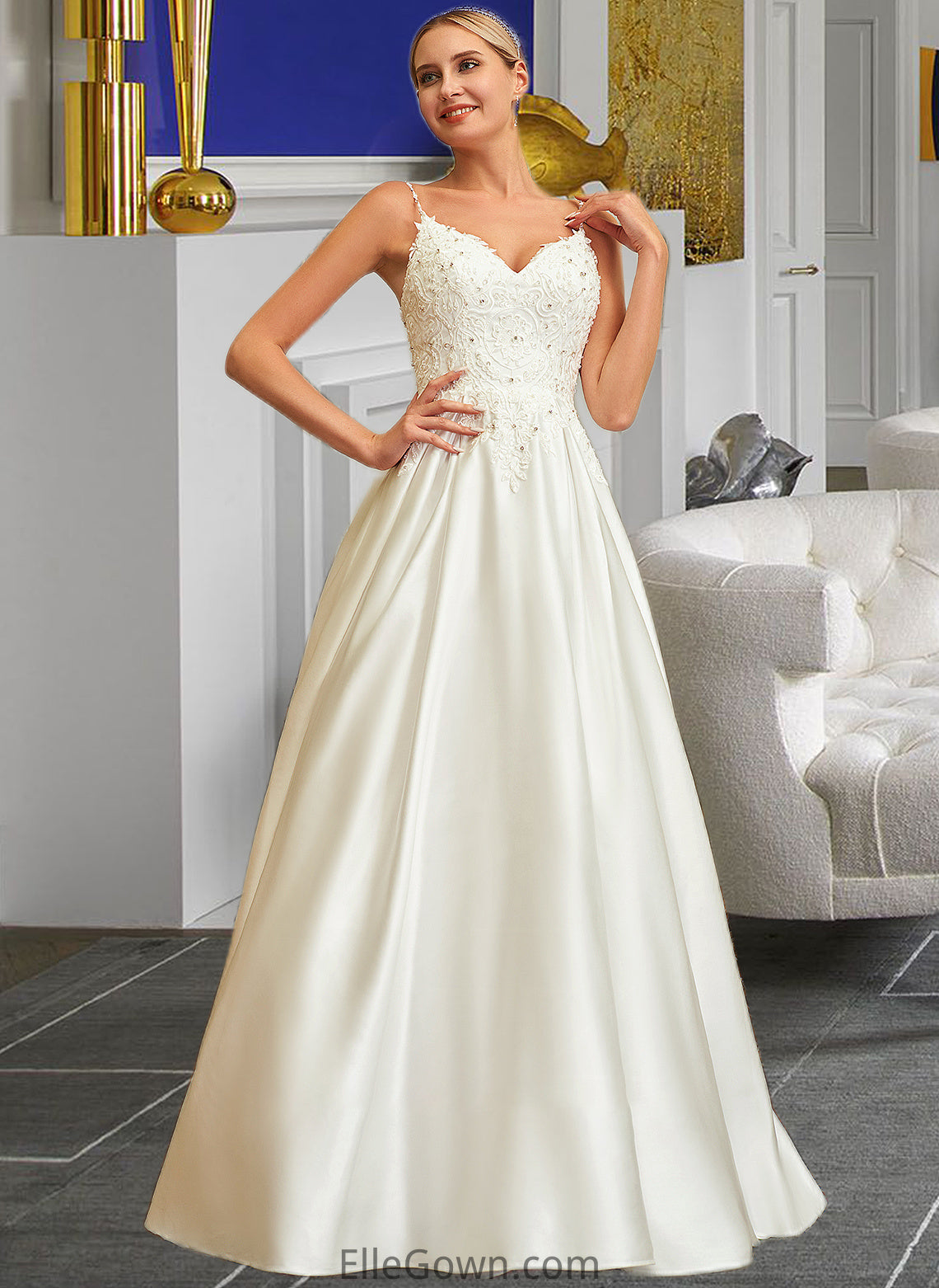 Shayla Ball-Gown/Princess V-neck Sweep Train Satin Lace Wedding Dress With Lace Beading Sequins Pockets DEP0013771