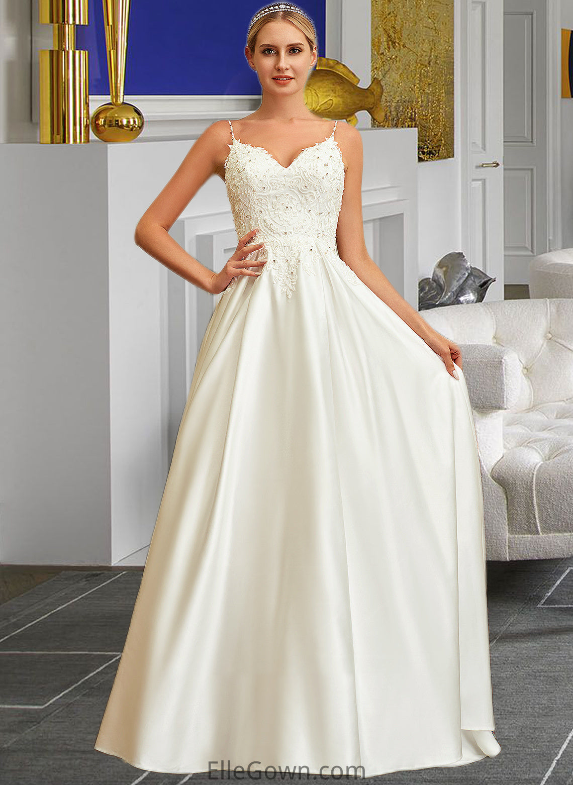 Shayla Ball-Gown/Princess V-neck Sweep Train Satin Lace Wedding Dress With Lace Beading Sequins Pockets DEP0013771