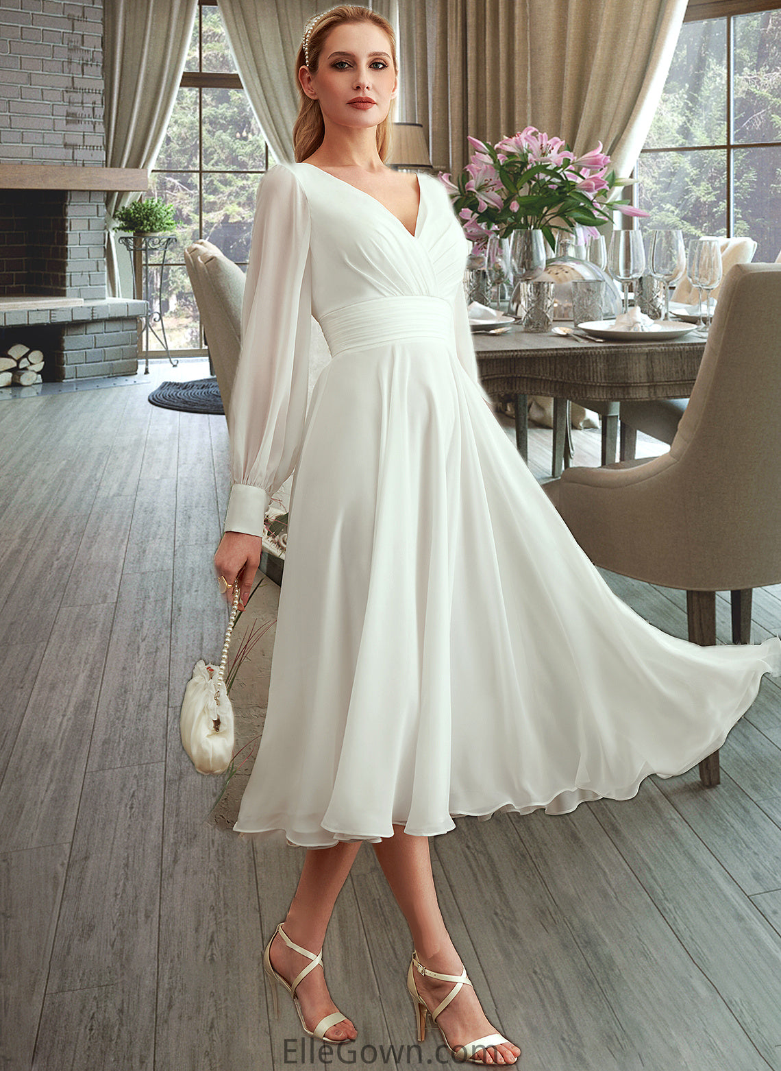 Clare A-Line V-neck Tea-Length Wedding Dress DEP0013772