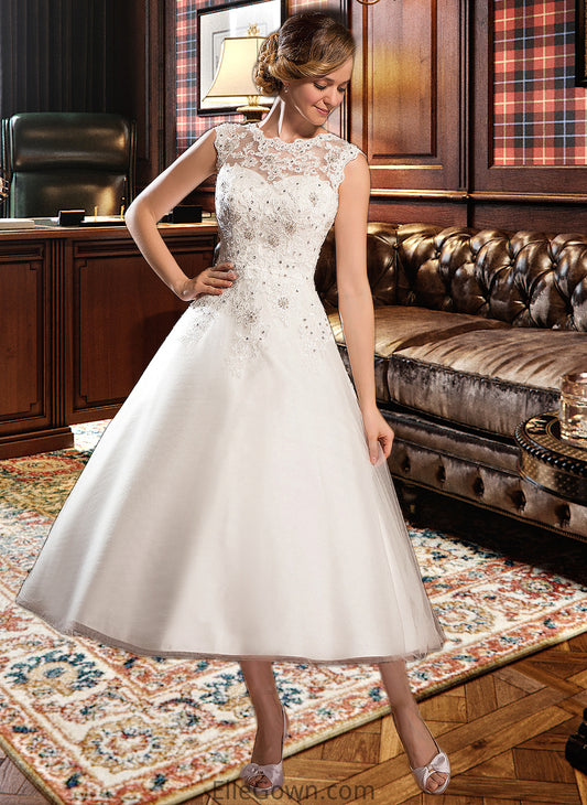 Yoselin Ball-Gown/Princess Scoop Neck Tea-Length Tulle Lace Wedding Dress With Beading Sequins DEP0013773