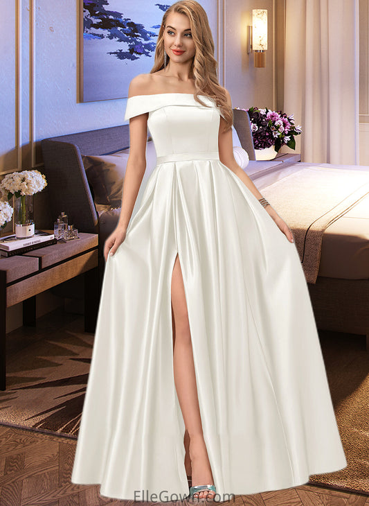 Kaila Ball-Gown/Princess Off-the-Shoulder Floor-Length Satin Wedding Dress With Split Front Pockets DEP0013774