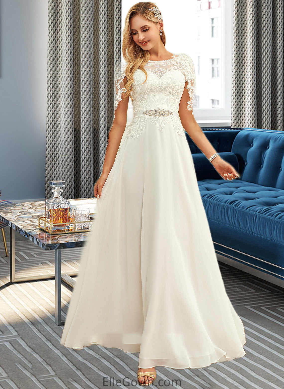 Jacey A-Line Scoop Neck Floor-Length Chiffon Lace Wedding Dress With Sequins DEP0013775