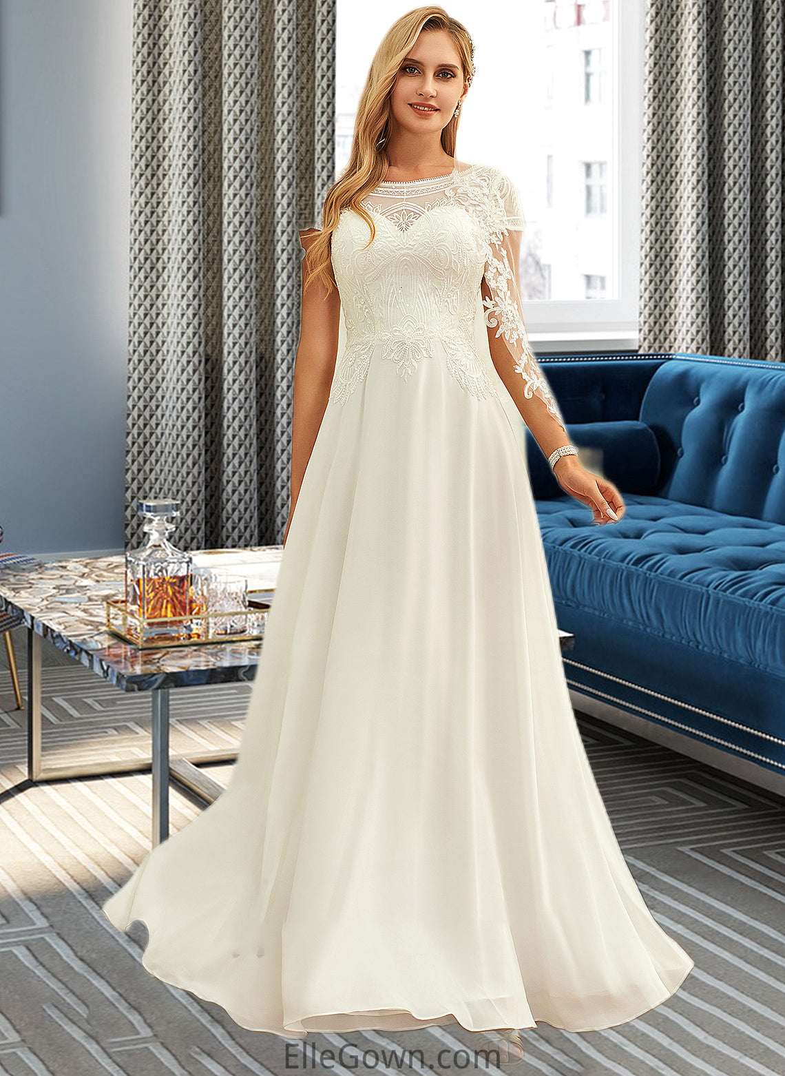 Jacey A-Line Scoop Neck Floor-Length Chiffon Lace Wedding Dress With Sequins DEP0013775